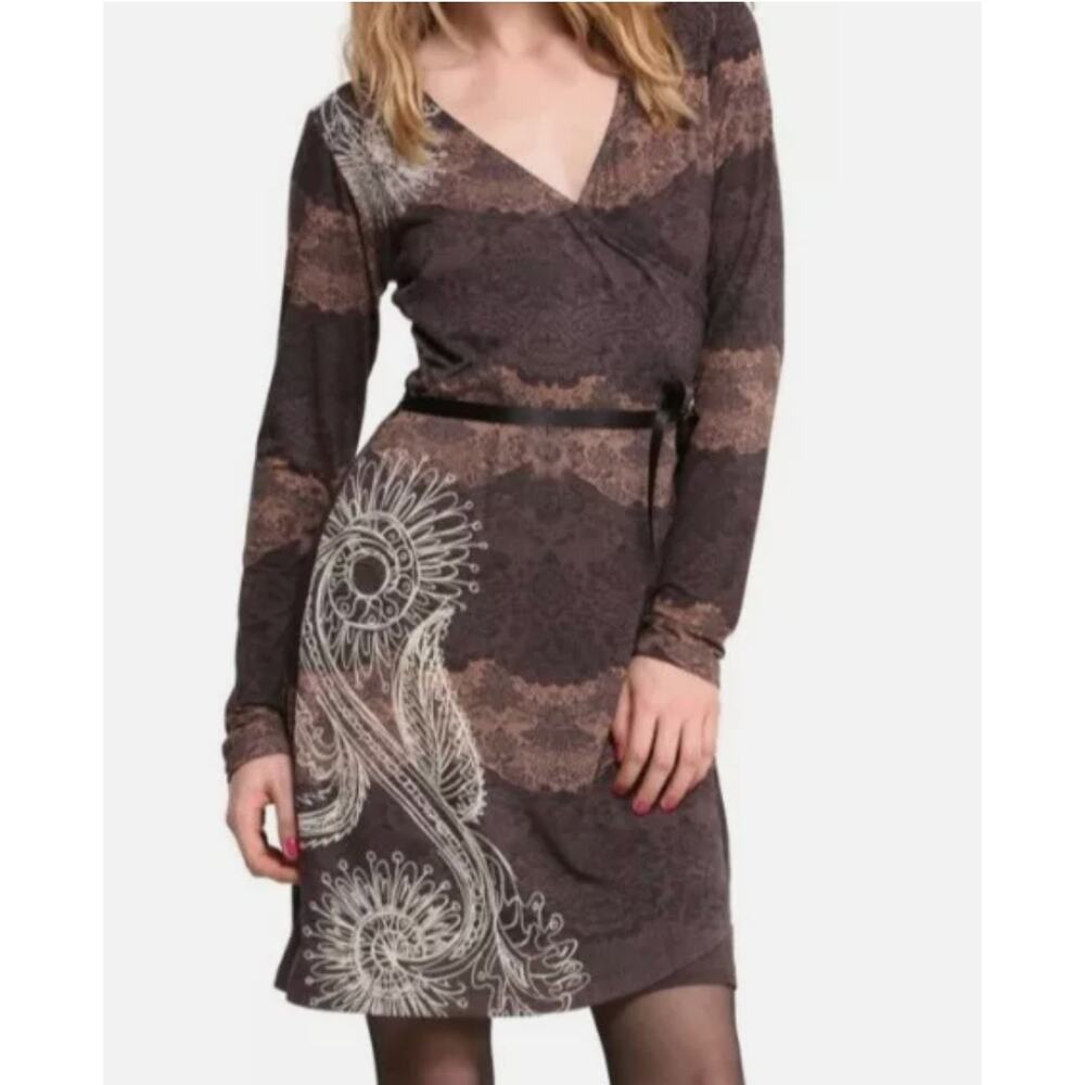 Desigual Why? 47V2048 Women's Brown Faux Wrap Embroidered Belted Dress sz. M